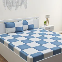 HAPPY HUES Blue & White Geometric 120 TC Queen Bedsheet with 2 Pillow Covers-image-37