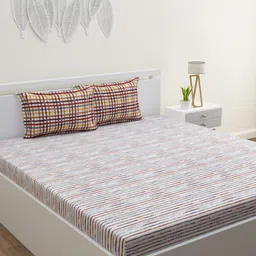 HOME AFFAIRS White & Grey Striped 144 TC Pure Cotton Queen Bedsheet with 2 Pillow Covers-25