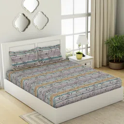 SPACES White & Blue Ethnic Motifs Cotton 144 TC Queen Bedsheet With 2 Pillow Covers-25