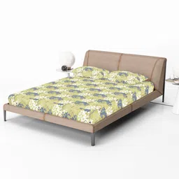 Divine Casa Yellow & White Floral Cotton 144 TC Fitted Queen Bedsheet with 2 Pillow Covers-image-38