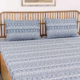 House This Kullu Patti Blue Geometric Cotton 144 TC Queen Bedsheet with 2 Pillow Covers-image-94