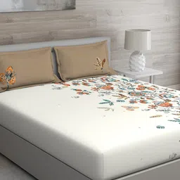 GM Beige & Cream-Coloured Floral 150 TC Queen Bedsheet with 2 Pillow Covers-15