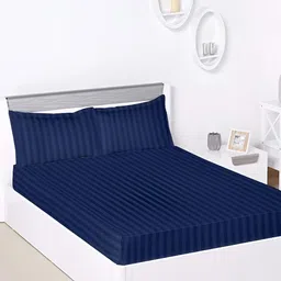 Laying Style Blue & Black Striped 160 TC Queen Bedsheet With 2 Pillow Covers-image-93