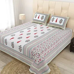 JAIPUR FABRIC White & Grey Floral Cotton Flat Queen Bedsheet with 2 Pillow Covers-image-73