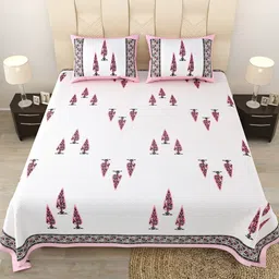 JAIPUR FABRIC White & Pink Floral Cotton Flat Queen Bedsheet With 2 Pillow Covers-93
