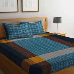 Arrabi Blue & Brown Striped 300 TC King Cotton Bedsheet with 2 Pillow Covers-image-14