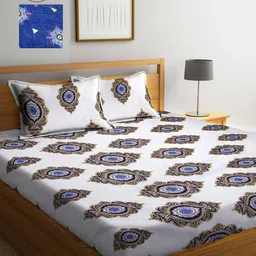 Arrabi Blue & White Ethnic Motifs 300 TC 2 King Bedsheet with 4 Pillow Covers-image-68