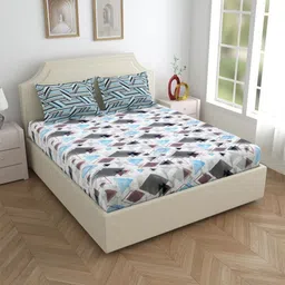 Salona Bichona Blue Geometric Pure Cotton Fitted 180 TC King Bedsheet with 2 Pillow Covers-image-11