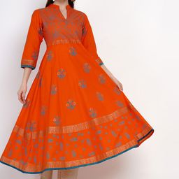 RIYA Women Orange Ethnic Motifs Embroidered Flared Sleeves Block Print Anarkali Kurta-picture-4