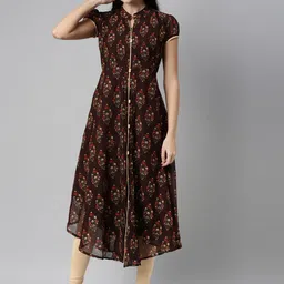 Souchii Women Brown & Red Floral Printed Block Print Kurta-32