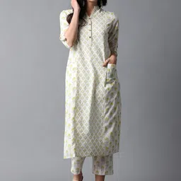 Indian Dobby Women Beige & Yellow Floral Printed Block Print Pure Cotton Kurta-picture-6