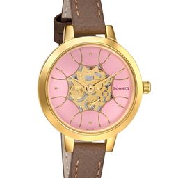 Sonata Women Pink Brass Printed Dial & Brown Leather Straps Analogue Watch 8141YL02-9