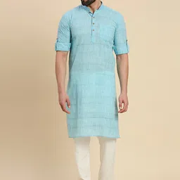 RAJUBHAI HARGOVINDAS Mandarin Collar Roll-Up Sleeves Khadi Weave Cotton Straight Kurta-image-31