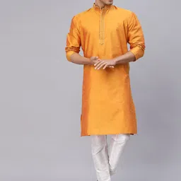 NEUDIS Men Yellow Solid Dupion Silk Thread Work Straight Kurta-picture-41
