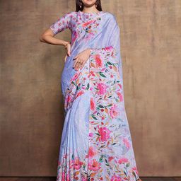 Mitera Grey & Pink Floral Printed Sequinned Pure Silk Saree-image-65