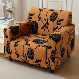 HOKIPO Brown & Black 1 Seater Floral Printed Stretchable Sofa Cover With Arms-image-68