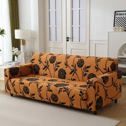 HOKIPO Brown & Black Printed 4 Seater Sofa Cover With Arms-12