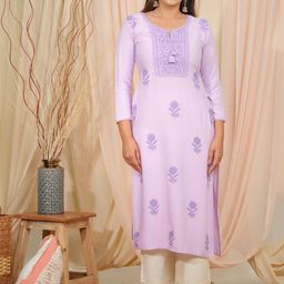 Ode by House of Pataudi Floral Embroidered Tie-Up Neck Straight Kurta-22