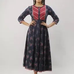 FABRIC FITOOR Women Navy Blue And Red Floral Print Empire Design Cotton Anarkali Kurta-picture-13