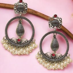 Sangria Silver-Toned Stones Studded & Beads Beaded Drop Earrings-image-14
