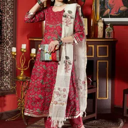 Sangria Pink Floral Printed Mirror Work Pure Cotton A-Line Kurta Set-picture-23