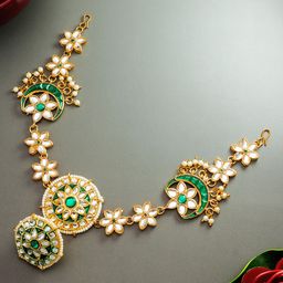 aadita Gold-Toned White & Green Kundan-Studded Pearl Beaded Floral Shaped Sheeshphool Mathapatti-image-19