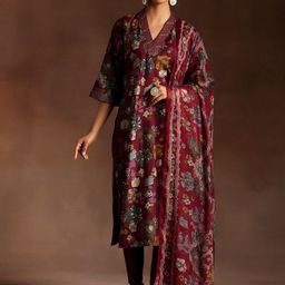 Libas Burgundy Floral Printed V-Neck Calf Length Straight Kurta With Trousers & Dupatta-13