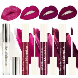 Ronzille Set of 4 Non Transfer Liquid Matte Lipstick with Lip Gloss 5 ml each - Purple-35