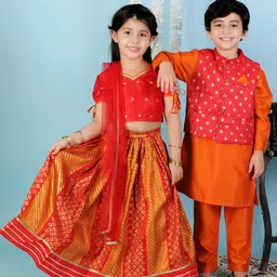KID1 Girls Red & Gold-Toned Embellished Ready to Wear Lehenga & Blouse With Dupatta-image-88