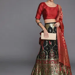 SHADOW & SAINING Black & Red Semi-Stitched Lehenga Unstitched Blouse With Dupatta-image-0