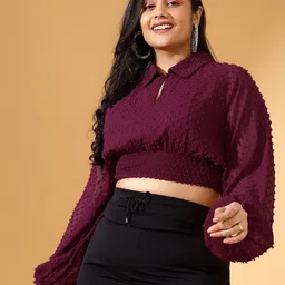 CURVE BY KASSUALLY Maroon Tie-Up Neck Puff Sleeve Georgette Blouson Top-6