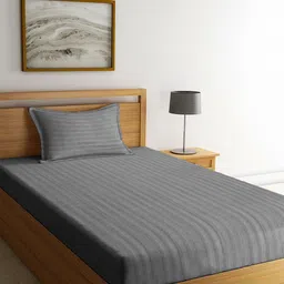 HOSTA HOMES Grey Striped 300 TC Cotton Bedsheet with Pillow Covers-image-3