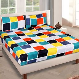 Aura Blue & Yellow Geometric 144 TC Microfiber Queen Bedsheet With 2 Pillow Covers-image-105