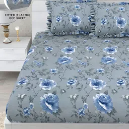 DREAM WEAVERZ Grey & Blue Floral 260 TC Fitted Bedsheet with 2 Frill Pillow Covers-image-87