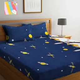 Arrabi Set Of 2 Blue & Pink Graphic 300 TC King Bedsheet With 4 Pillow Covers-35