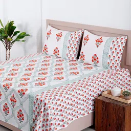 HANDICRAFT PALACE White & Red 350 GSM Cotton Double King Bed Cover With 2 Pillow Covers-image-33