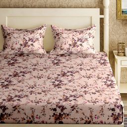 Aura Peach & Yellow Floral Cotton 180 TC King Bedsheet With 2 Pillow Covers-image-1