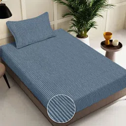 FABINALIV Blue Striped Woollen 300 TC Single Bedsheet Set 2.5 m x 2.25 m-image-95