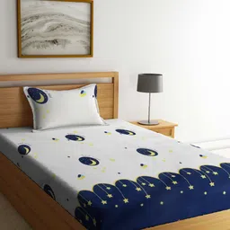 FABINALIV White & Blue Graphic 300 TC Fitted Single Bedsheet With Pillow Cover-56