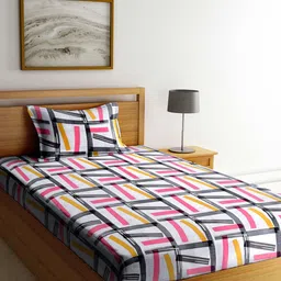 Arrabi Grey & Yellow Geometric 130 TC Single Bedsheet with 1 Pillow Covers-17