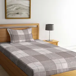 Arrabi Brown & Beige Geometric 300 TC Single Bedsheet with 1 Pillow Covers-image-74
