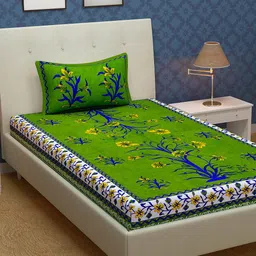 Urban Magic Green & Blue Floral 104 TC Single Bedsheet with 1 Pillow Covers-image-49