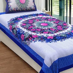 Urban Magic White & Blue Floral 104 TC Single Bedsheet with 1 Pillow Covers-image-46