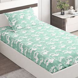 Home Centre Pacific Juniper Blue Floral Fitted 144TC Single Bedsheet & 1 Pillow Cover-image-91