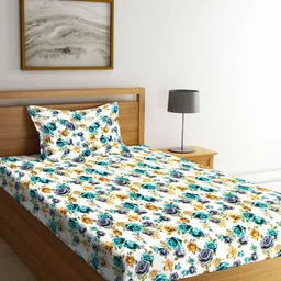 Arrabi White & Sea Green Floral 300 TC Single Bedsheet with 1 Pillow Covers-image-75