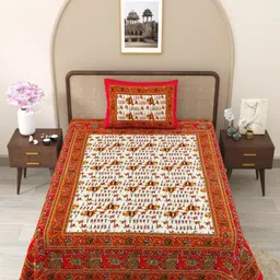 The Craft Monk Orange Ethnic Motifs 180 TC Cotton Single Bedsheet with 1 Pillow Cover-image-60