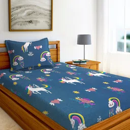 AEROHAVEN Blue & White 210 TC Flat Cotton Single Bedsheet with 1 Pillow Cover-image-80