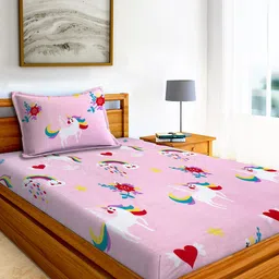 AEROHAVEN Pink & White 210 TC Flat Cotton Single Bedsheet with 1 Pillow Cover-image-93