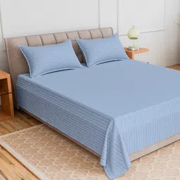 CURIOUS LIFESTYLE Blue Striped 300 TC King Bedsheet with 2 Pillow Covers-image-97