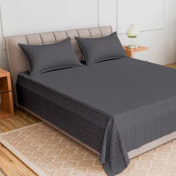 CURIOUS LIFESTYLE Grey Striped 300 TC King Bedsheet with 2 Pillow Covers-image-84